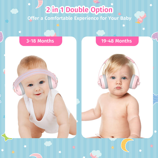 PERRYHOME 2-in-1 Baby Earmuffs Noise Cancel Hearing Protection Headphone๏ผAdjustable Baby Headphones with Stretchy Band, Baby Airplane Ear Protection /Outdoor (Pink)