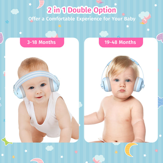 PERRYHOME 2-in-1 Baby Ear Muffs Noise Protection, Adjustable Baby Headphones with Stretchy Band, Noise Cancelling Headphones for Baby & Toddler up to 4 Years, Baby Airplane Ear Protection /Outdoor
