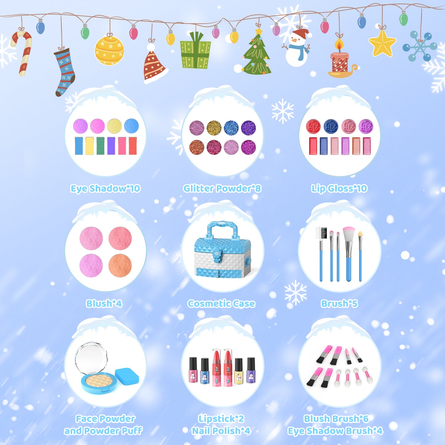 Frozen theme kids makeup set with 57 pieces including lipstick, eyeshadow, and brush