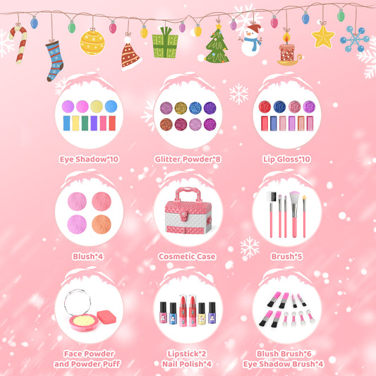 Frozen theme kids makeup set with 57 pieces including lipstick, eyeshadow, and brush