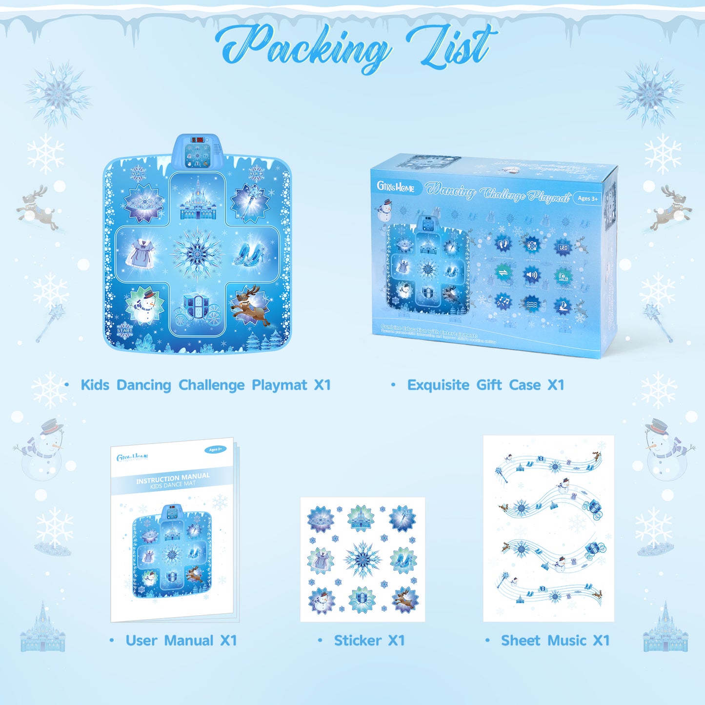 Frozen inspired dance mat for kids with snowflake design and built-in music game