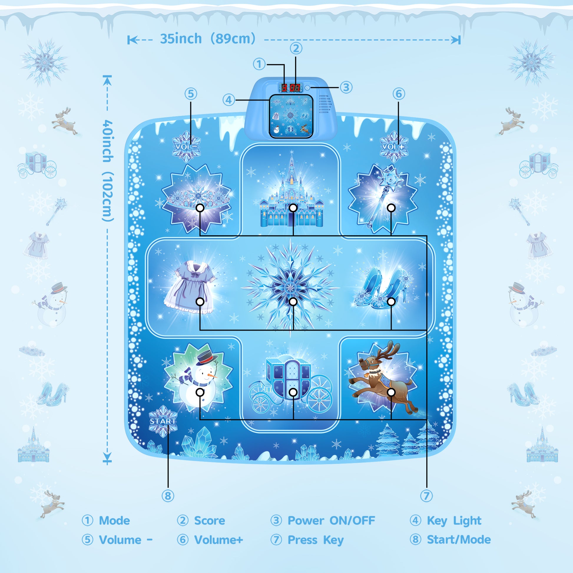 Frozen inspired dance mat for kids with snowflake design and built-in music game