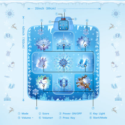 Frozen inspired dance mat for kids with snowflake design and built-in music game