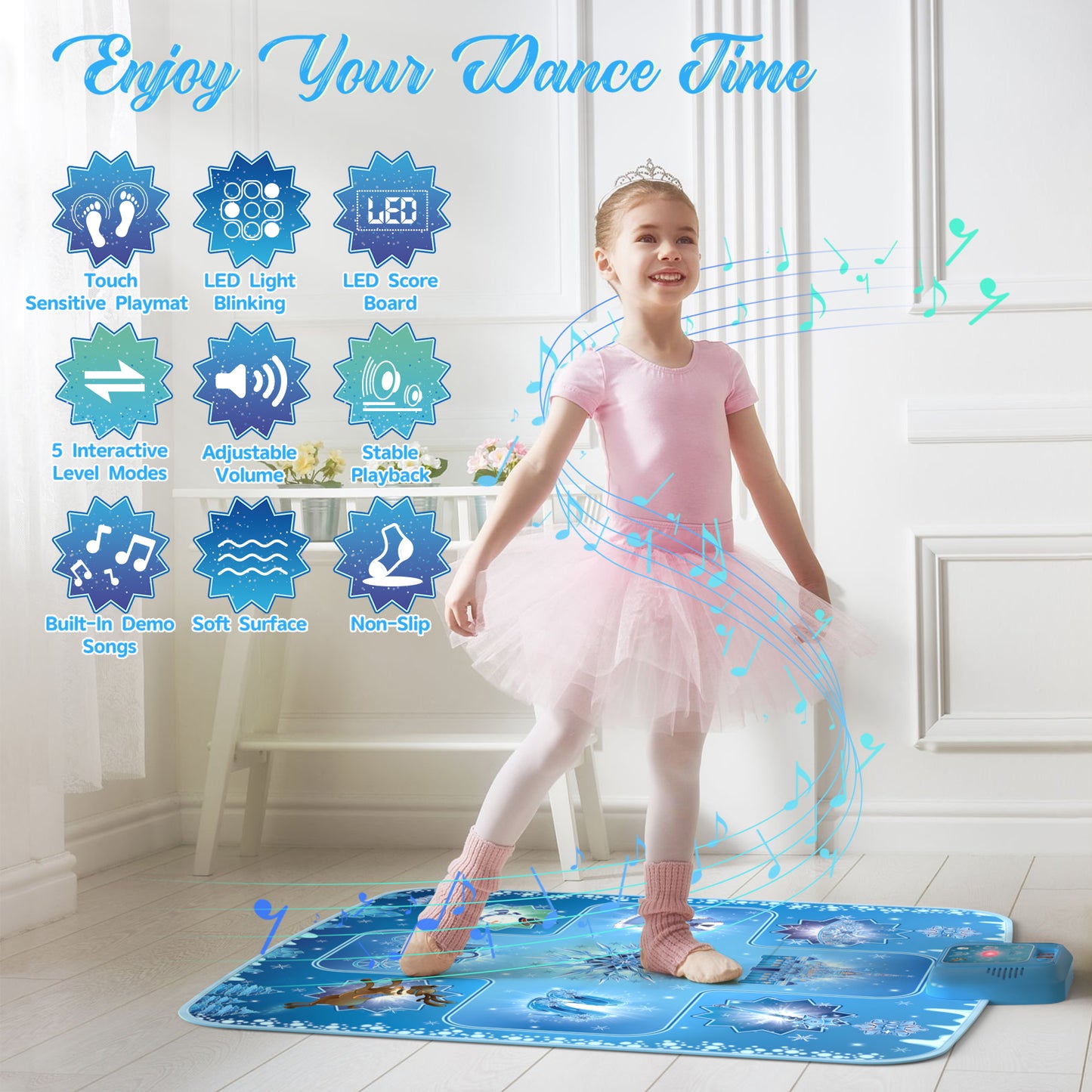 Frozen inspired dance mat for kids with snowflake design and built-in music game
