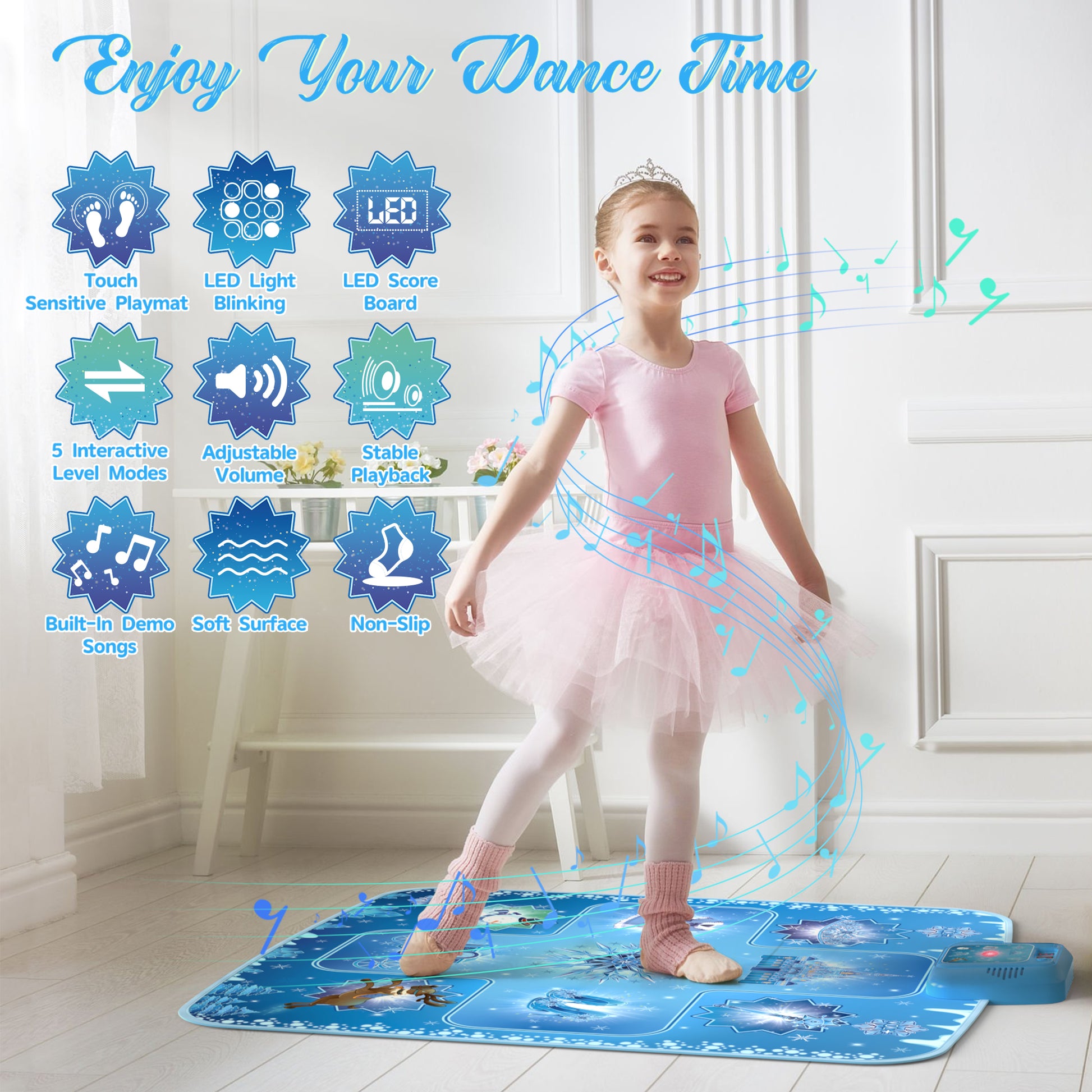 Frozen inspired dance mat for kids with snowflake design and built-in music game
