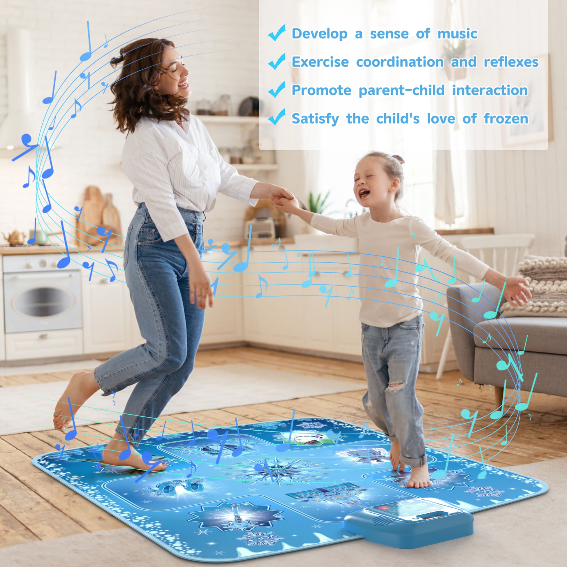 Frozen inspired dance mat for kids with snowflake design and built-in music game
