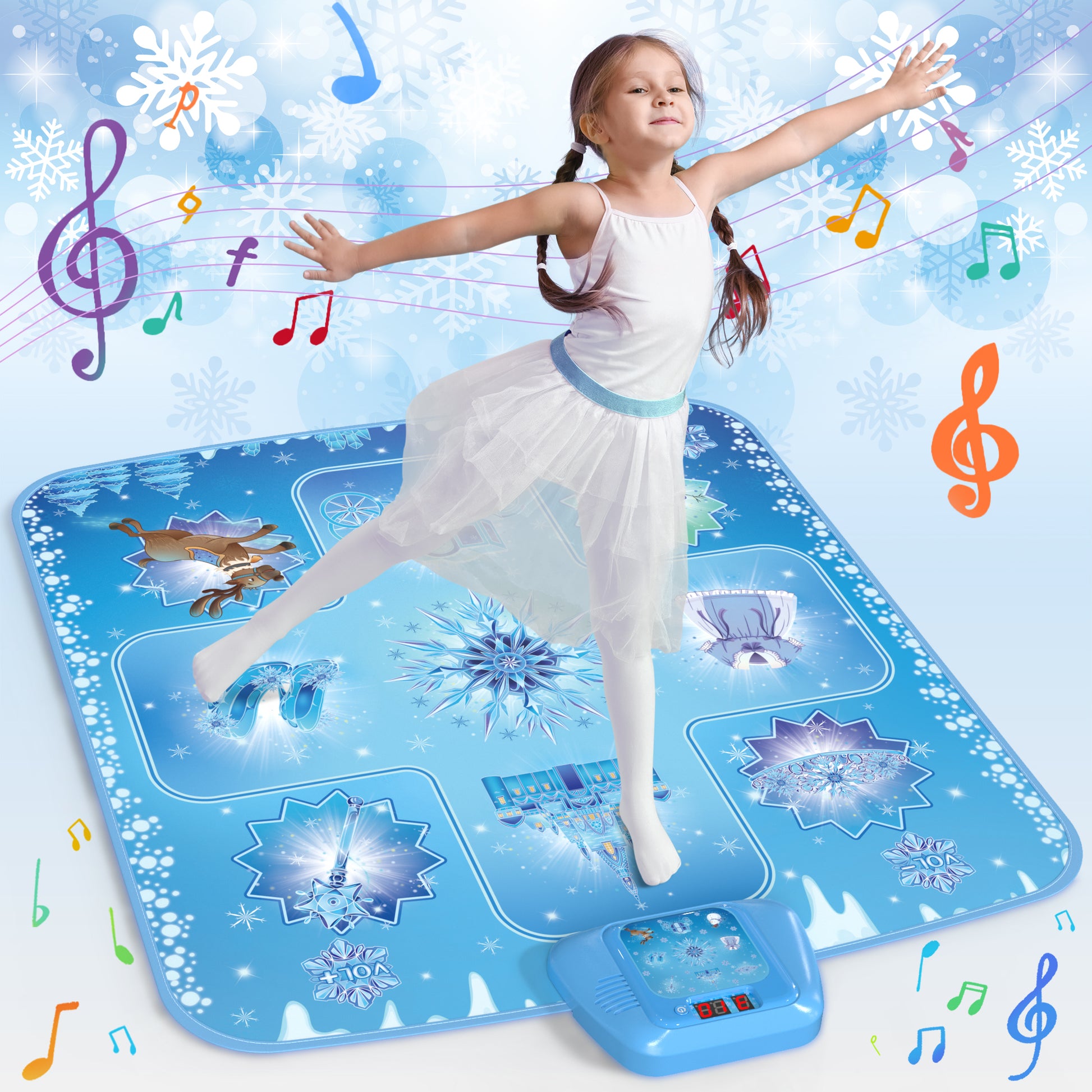 Frozen inspired dance mat for kids with snowflake design and built-in music game