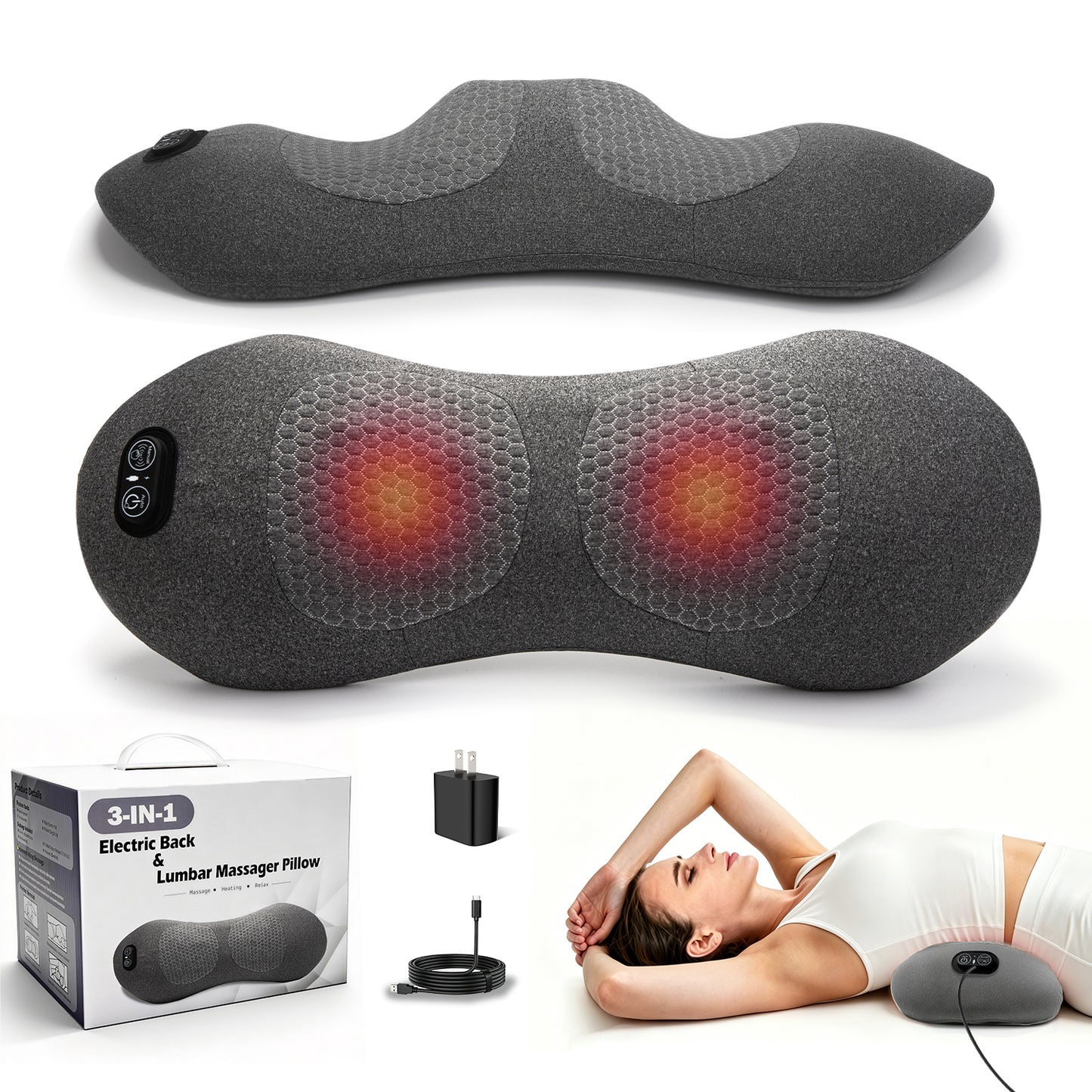 Perehome 2026 Upgraded 3-in-1 Electric Lumbar Support Pillow, Neck Back Massager (with heating, vibration, and traction functions)Back Support Pillow for Chairs and Cars, Relieve Back Pain