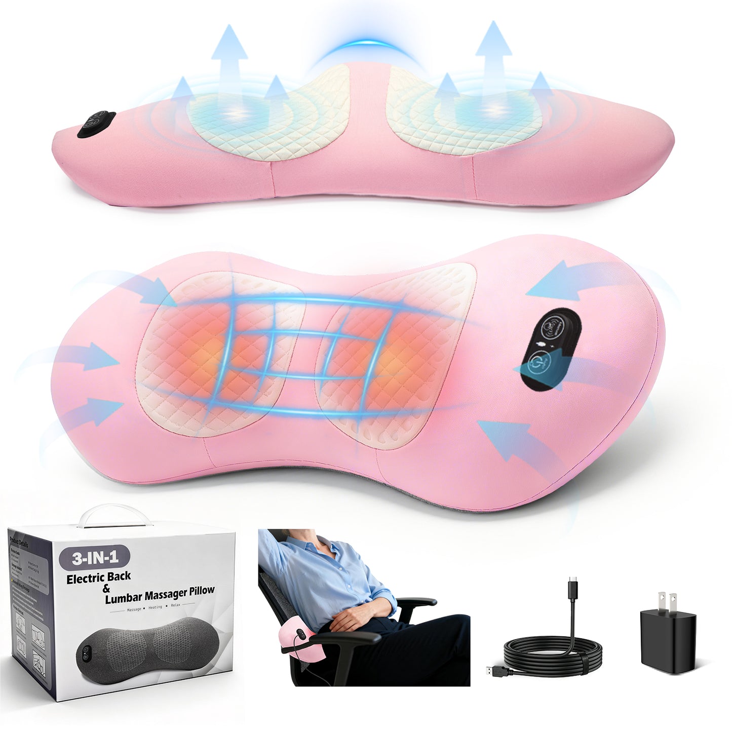 Perehome 2026 Upgraded 3-in-1 Electric Neck Shoulder Lumbar Massage Pillow with Heating, Airbag Stretch & Muscle Relief, Back Support for Office Desks, Ideal Mother’s Day and Birthday Gift for Women