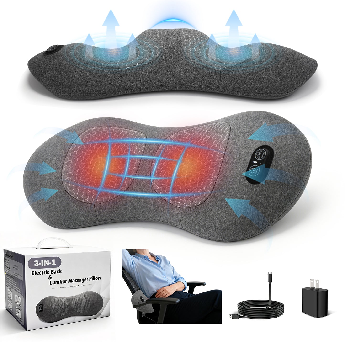 Perehome 2026 Upgraded 3-in-1 Electric Lumbar Support Pillow, Neck Back Massager (with heating, vibration, and traction functions)Back Support Pillow for Chairs and Cars, Relieve Back Pain