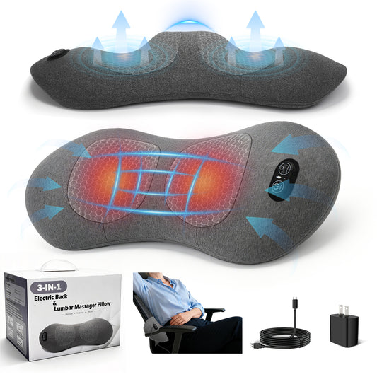 YuronHome 2026 Upgraded 3-in-1 Electric Lumbar Support Pillow, Neck Back Massager (with heating, vibration, and traction functions)Back Support Pillow for Chairs and Cars, Relieve Back Pain
