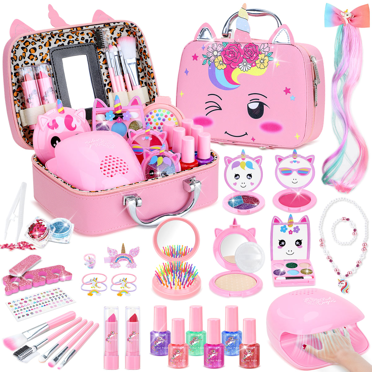AAGILA 2 In 1 Kids Washable Makeup Girls Toys & Kids Nail Polish Set for Girls, Non-Toxic Quick Dry Nail Art Salon Kit with Nail Dryer and Peelable Nail Polish, Ideal Gift Toys for Girls Age 3-12