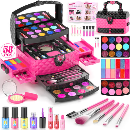 AAGILA 58 in 1 Kids Makeup Set for Girls, Washable Real Cosmetic Pretend Play Makeup Kit for Girl Toys,Princess Make Up Toys for 3-12 Year Old Girl Birthday Gift
