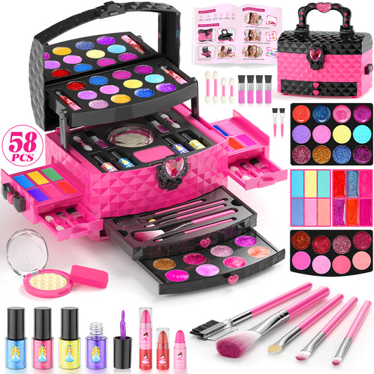 AAGILA 58 in 1 Kids Makeup Set for Girls, Washable Real Cosmetic Pretend Play Makeup Kit for Girl Toys,Princess Make Up Toys for 3-12 Year Old Girl Birthday Gift