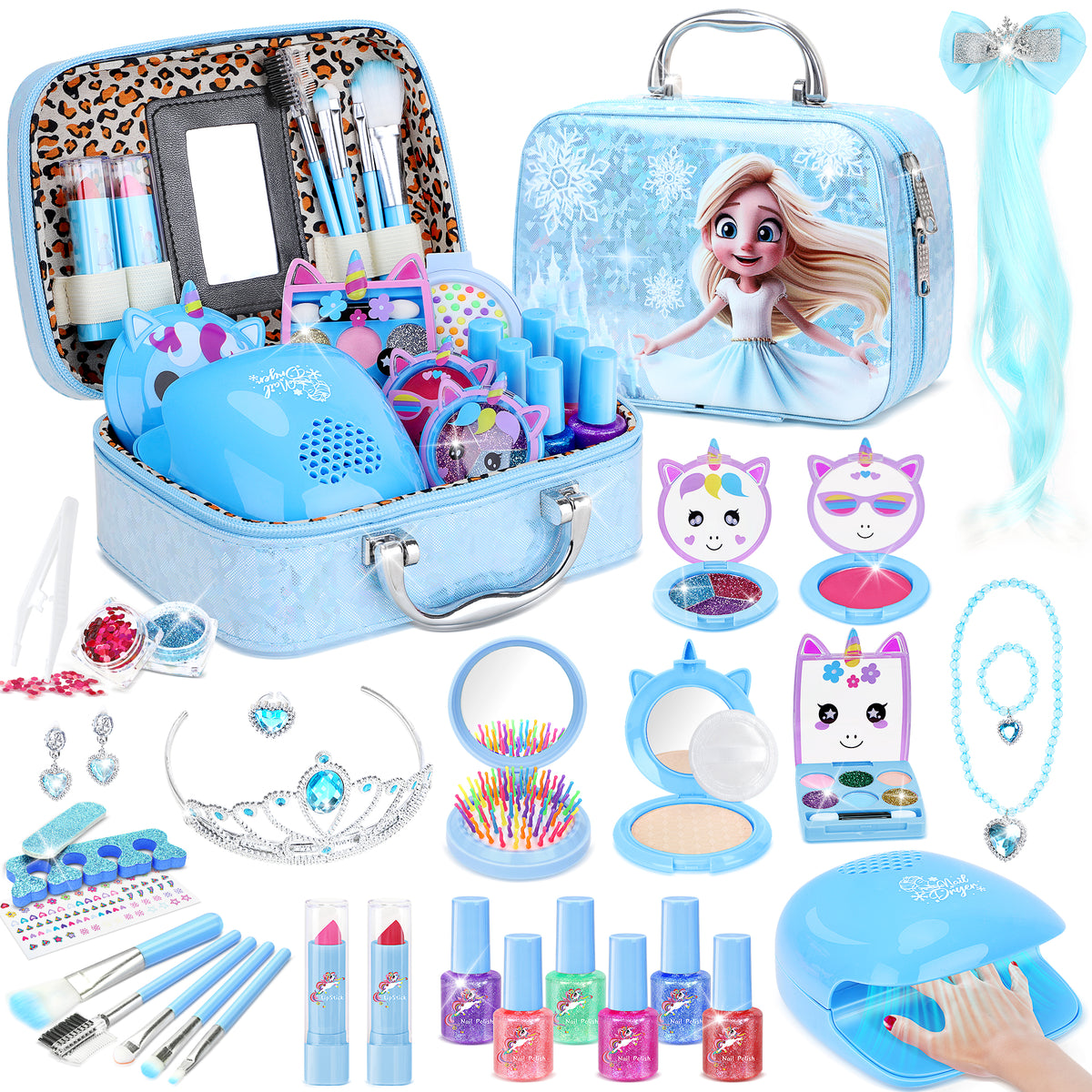 AAGILA 2 In 1 Kids Makeup Frozen Girls Toys & Kids Nail Polish Set for Girls, Non-Toxic Quick Dry Nail Art Salon Kit with Nail Dryer and Peelable Nail Polish, Ideal Gift Toys for Girls Age 3-12