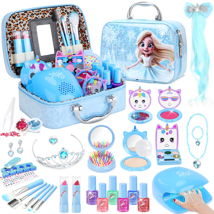 AAGILA 2 In 1 Kids Makeup Frozen Girls Toys & Kids Nail Polish Set for Girls, Non-Toxic Quick Dry Nail Art Salon Kit with Nail Dryer and Peelable Nail Polish, Ideal Gift Toys for Girls Age 3-12