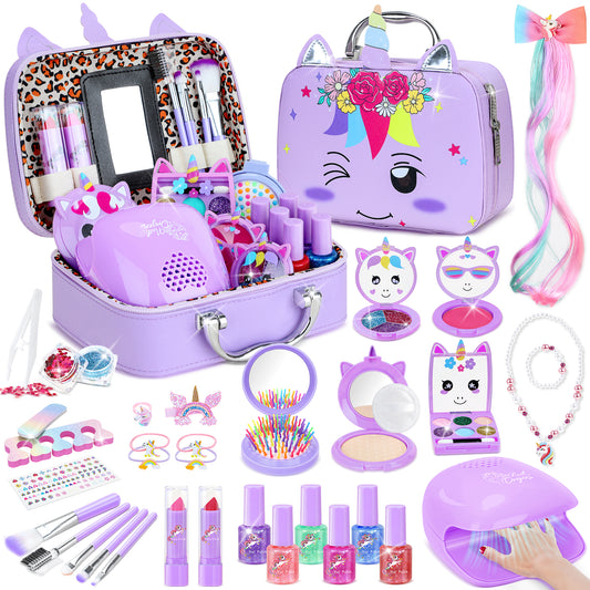 AAGILA Kids Makeup Kit for Girl - 2 In 1 Kids Washable Makeup Toys & Nail Art Kits with Nail Dryer, Princess Dress Up Set for Girls, Real Girls Makeup Set for Ideal Gifts Toys for 3-12 Year