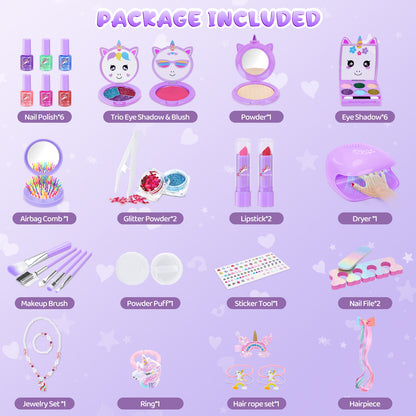 AAGILA Kids Makeup Kit for Girl - 2 In 1 Kids Washable Makeup Toys & Nail Art Kits with Nail Dryer, Princess Dress Up Set for Girls, Real Girls Makeup Set for Ideal Gifts Toys for 3-12 Year
