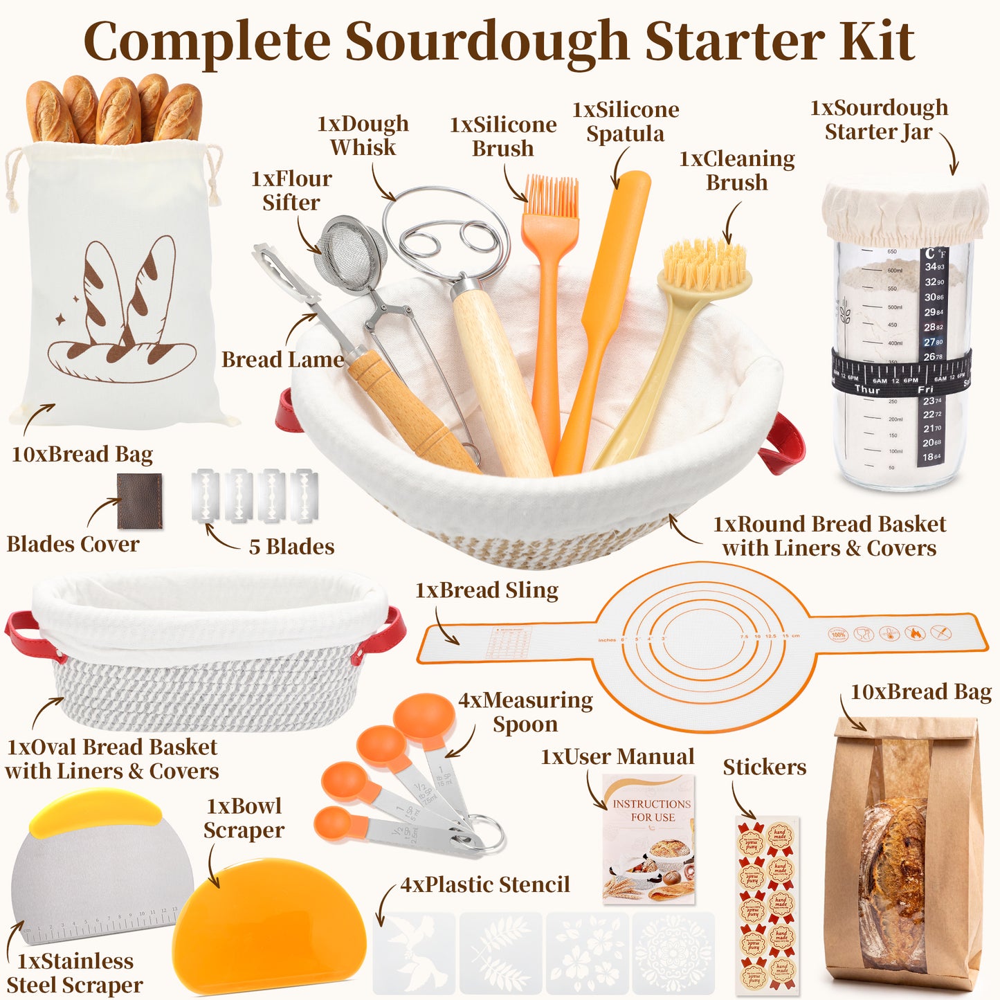 YuronHome Sourdough Starter Kit, Bread Proofing Baskets Set，Complete Sourdough Bread Baking Supplies with Round & Oval Bread Proofing Baskets, Perfect Gifts for Beginners & Home Bakers