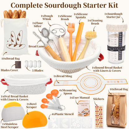 YuronHome Sourdough Starter Kit, Bread Proofing Baskets Set，Complete Sourdough Bread Baking Supplies with Round & Oval Bread Proofing Baskets, Perfect Gifts for Beginners & Home Bakers