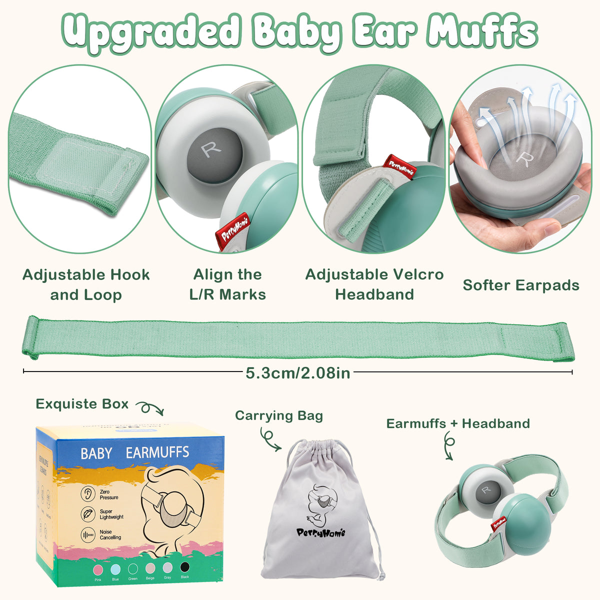 YuronHome Baby Earmuffs Noise Cancel Hearing Protection Headphone，Adjustable Baby Headphones with Stretchy Band, Baby Airplane Ear Protection /Outdoor (Green)