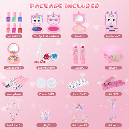 AAGILA 2 In 1 Kids Washable Makeup Girls Toys & Kids Nail Polish Set for Girls, Non-Toxic Quick Dry Nail Art Salon Kit with Nail Dryer and Peelable Nail Polish, Ideal Gift Toys for Girls Age 3-12