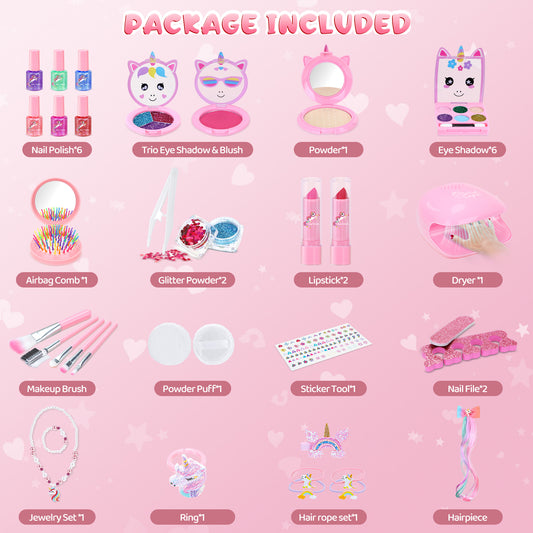 AAGILA 2 In 1 Kids Washable Makeup Girls Toys & Kids Nail Polish Set for Girls, Non-Toxic Quick Dry Nail Art Salon Kit with Nail Dryer and Peelable Nail Polish, Ideal Gift Toys for Girls Age 3-12