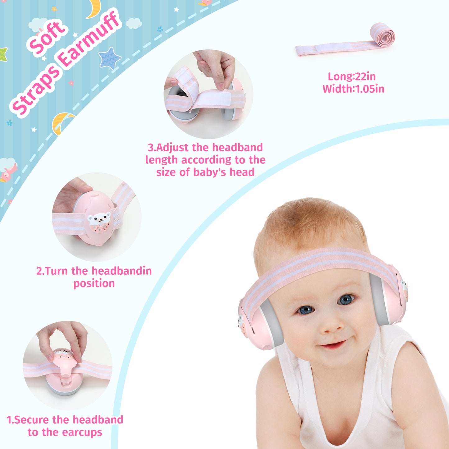 PERRYHOME 2-in-1 Baby Earmuffs Noise Cancel Hearing Protection Headphone，Adjustable Baby Headphones with Stretchy Band, Baby Airplane Ear Protection /Outdoor (Pink)