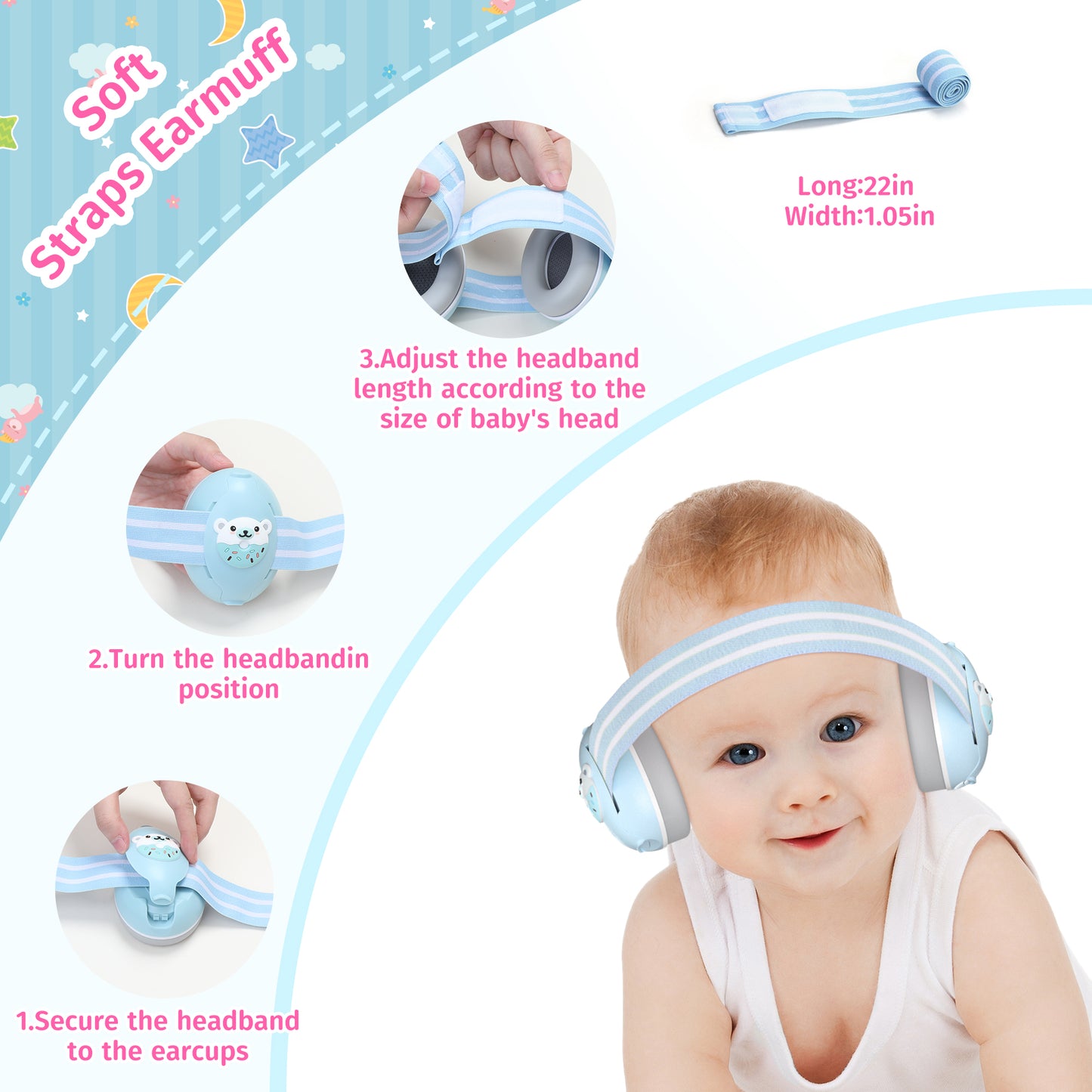 PERRYHOME 2-in-1 Baby Ear Muffs Noise Protection, Adjustable Baby Headphones with Stretchy Band, Noise Cancelling Headphones for Baby & Toddler up to 4 Years, Baby Airplane Ear Protection /Outdoor