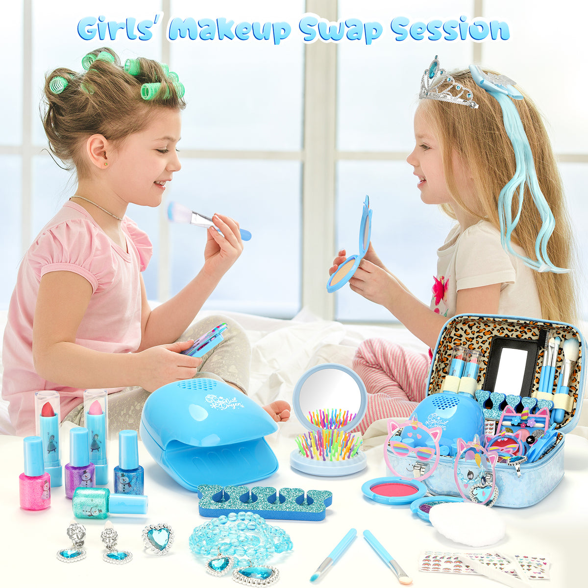 AAGILA 2 In 1 Kids Makeup Frozen Girls Toys & Kids Nail Polish Set for Girls, Non-Toxic Quick Dry Nail Art Salon Kit with Nail Dryer and Peelable Nail Polish, Ideal Gift Toys for Girls Age 3-12
