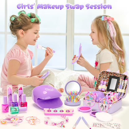 AAGILA Kids Makeup Kit for Girl - 2 In 1 Kids Washable Makeup Toys & Nail Art Kits with Nail Dryer, Princess Dress Up Set for Girls, Real Girls Makeup Set for Ideal Gifts Toys for 3-12 Year