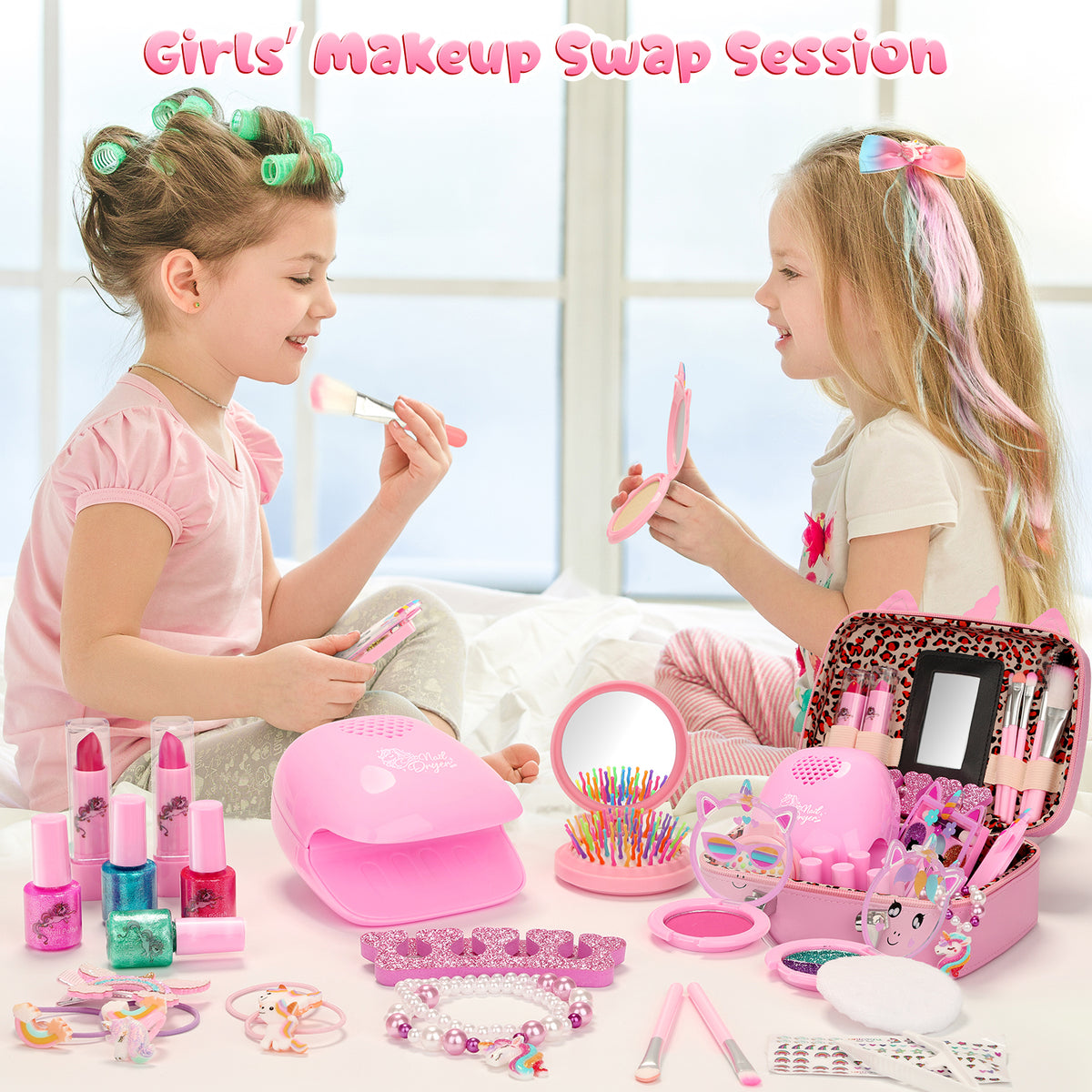 AAGILA 2 In 1 Kids Washable Makeup Girls Toys & Kids Nail Polish Set for Girls, Non-Toxic Quick Dry Nail Art Salon Kit with Nail Dryer and Peelable Nail Polish, Ideal Gift Toys for Girls Age 3-12