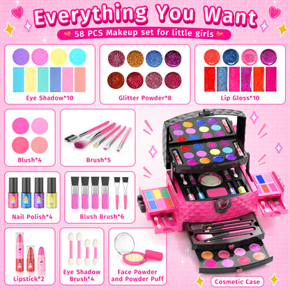 AAGILA 58 in 1 Kids Makeup Set for Girls, Washable Real Cosmetic Pretend Play Makeup Kit for Girl Toys,Princess Make Up Toys for 3-12 Year Old Girl Birthday Gift