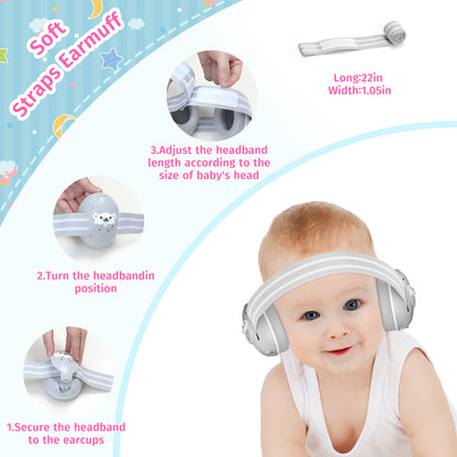 PERRYHOME 2-in-1 Baby Earmuffs Noise Cancel Hearing Protection Headphone，Adjustable Baby Headphones with Stretchy Band, Baby Airplane Ear Protection /Outdoor (Gray)