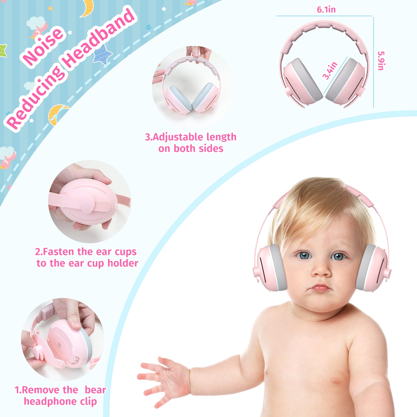 PERRYHOME 2-in-1 Baby Earmuffs Noise Cancel Hearing Protection Headphone，Adjustable Baby Headphones with Stretchy Band, Baby Airplane Ear Protection /Outdoor (Pink)