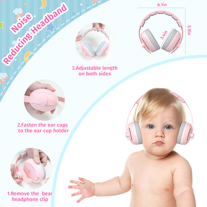 PERRYHOME 2-in-1 Baby Earmuffs Noise Cancel Hearing Protection Headphone，Adjustable Baby Headphones with Stretchy Band, Baby Airplane Ear Protection /Outdoor (Pink)