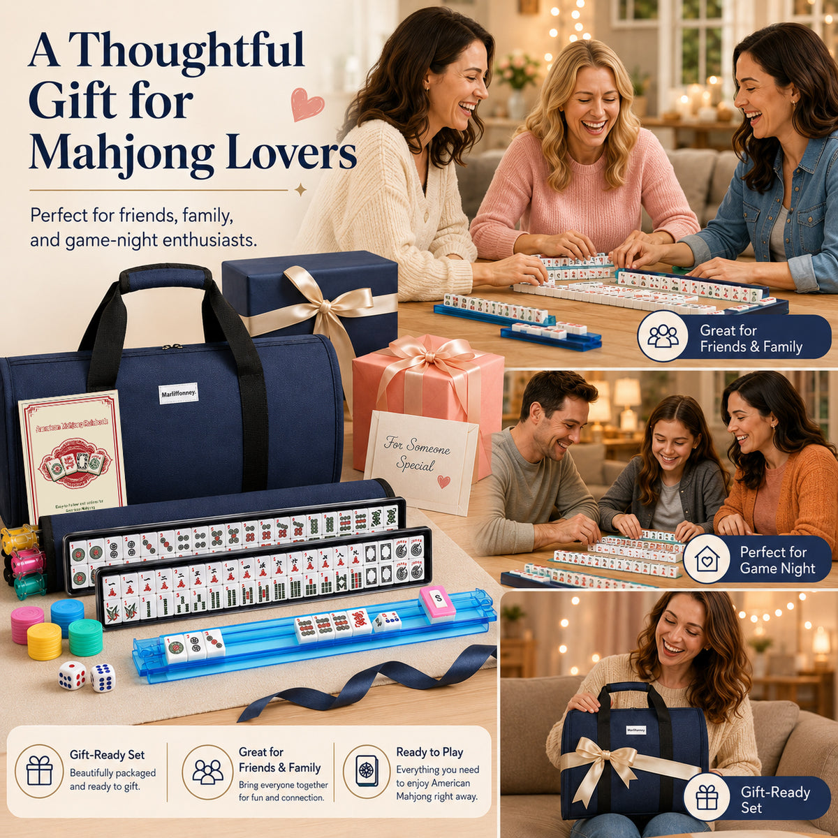 AAGILA American Mahjong Set,166 White Mahjong Tiles Set,4 All-in-One Color Mahjong Rack with Pushers,Mahjong Game Set Complete with Waterproof Carrying Bag,for Travel,Parties and Gift