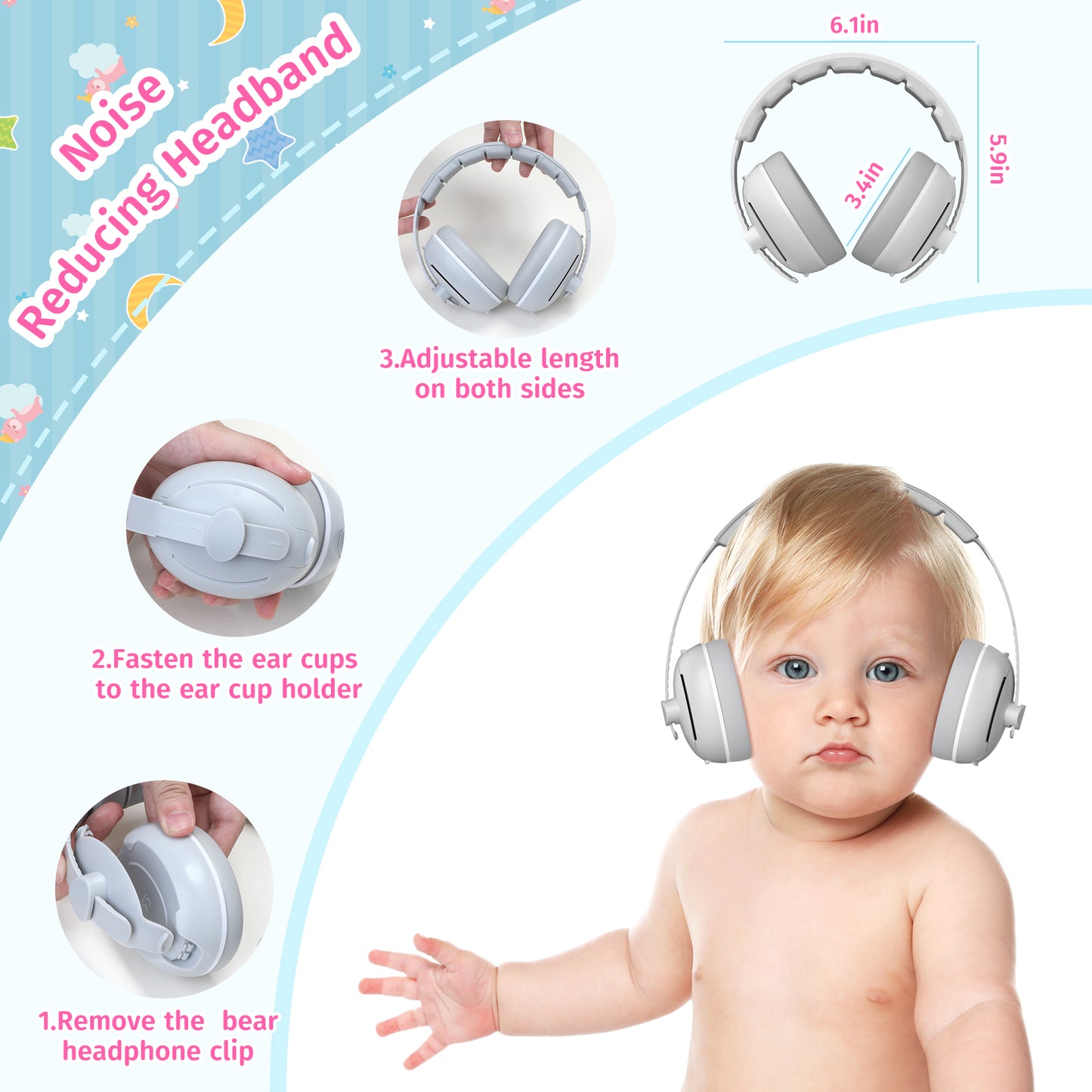 PERRYHOME 2-in-1 Baby Earmuffs Noise Cancel Hearing Protection Headphone，Adjustable Baby Headphones with Stretchy Band, Baby Airplane Ear Protection /Outdoor (Gray)