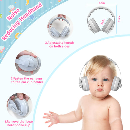 PERRYHOME 2-in-1 Baby Earmuffs Noise Cancel Hearing Protection Headphone，Adjustable Baby Headphones with Stretchy Band, Baby Airplane Ear Protection /Outdoor (Gray)