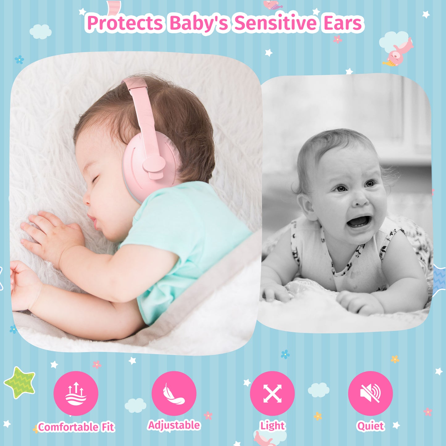PERRYHOME 2-in-1 Baby Earmuffs Noise Cancel Hearing Protection Headphone，Adjustable Baby Headphones with Stretchy Band, Baby Airplane Ear Protection /Outdoor (Pink)