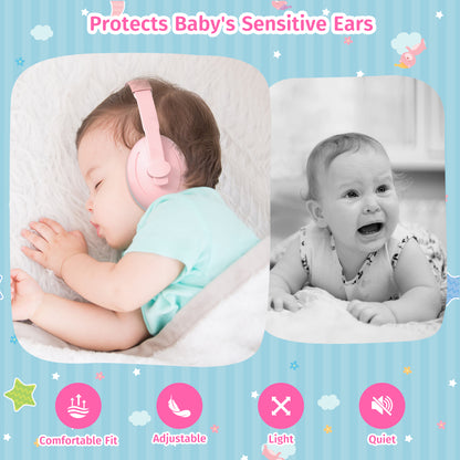 PERRYHOME 2-in-1 Baby Earmuffs Noise Cancel Hearing Protection Headphone，Adjustable Baby Headphones with Stretchy Band, Baby Airplane Ear Protection /Outdoor (Pink)