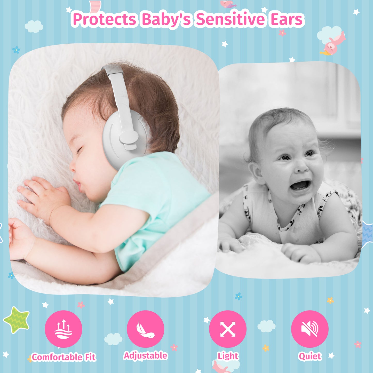 PERRYHOME 2-in-1 Baby Earmuffs Noise Cancel Hearing Protection Headphone，Adjustable Baby Headphones with Stretchy Band, Baby Airplane Ear Protection /Outdoor (Gray)