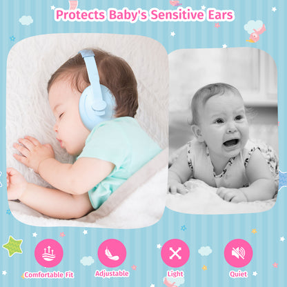 PERRYHOME 2-in-1 Baby Ear Muffs Noise Protection, Adjustable Baby Headphones with Stretchy Band, Noise Cancelling Headphones for Baby & Toddler up to 4 Years, Baby Airplane Ear Protection /Outdoor