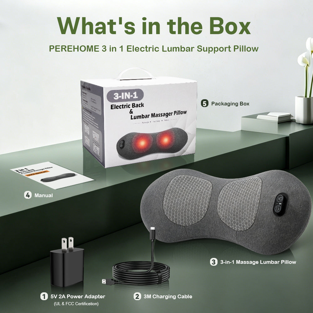 Perehome 2026 Upgraded 3-in-1 Electric Lumbar Support Pillow, Neck Back Massager (with heating, vibration, and traction functions)Back Support Pillow for Chairs and Cars, Relieve Back Pain