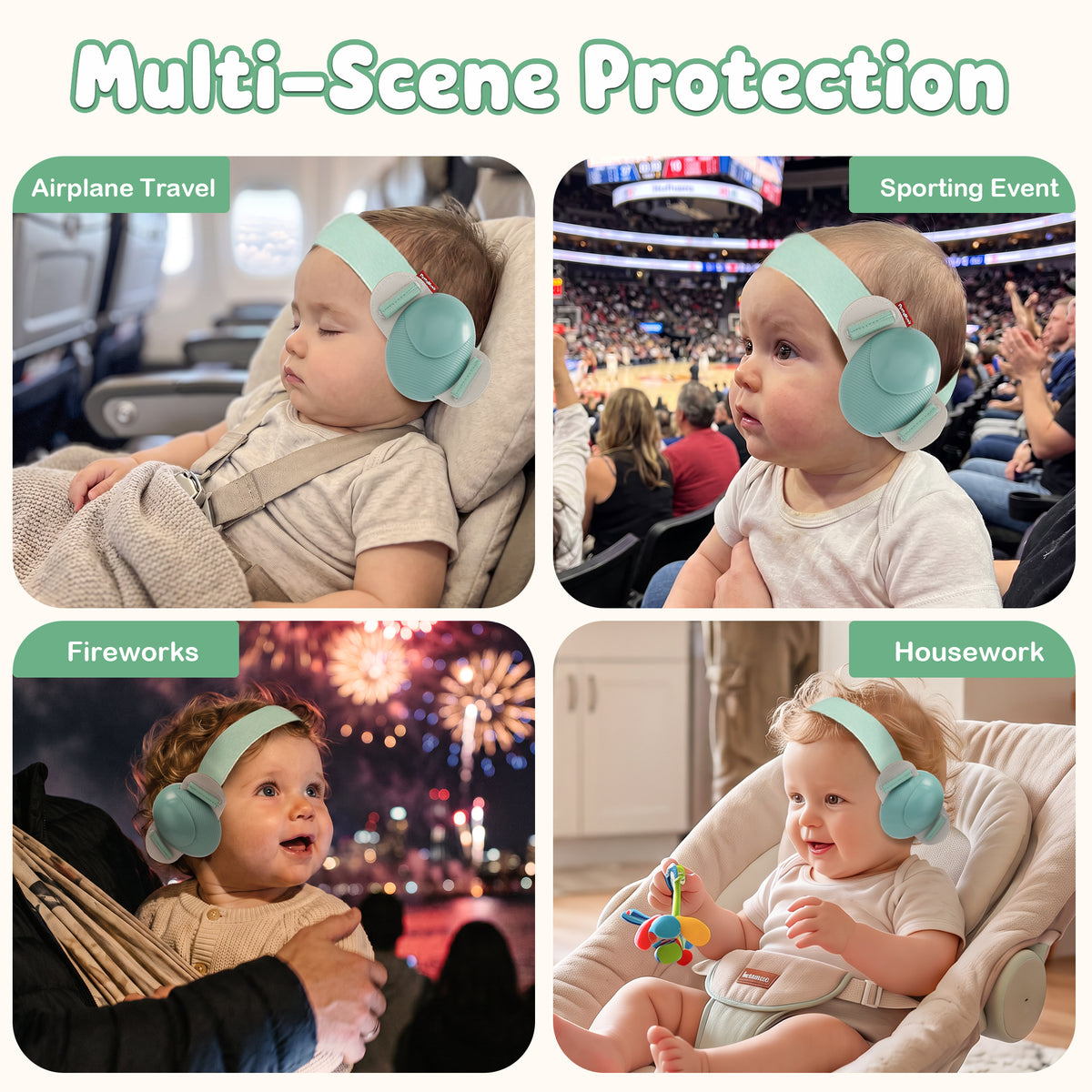YuronHome Baby Earmuffs Noise Cancel Hearing Protection Headphone，Adjustable Baby Headphones with Stretchy Band, Baby Airplane Ear Protection /Outdoor (Green)