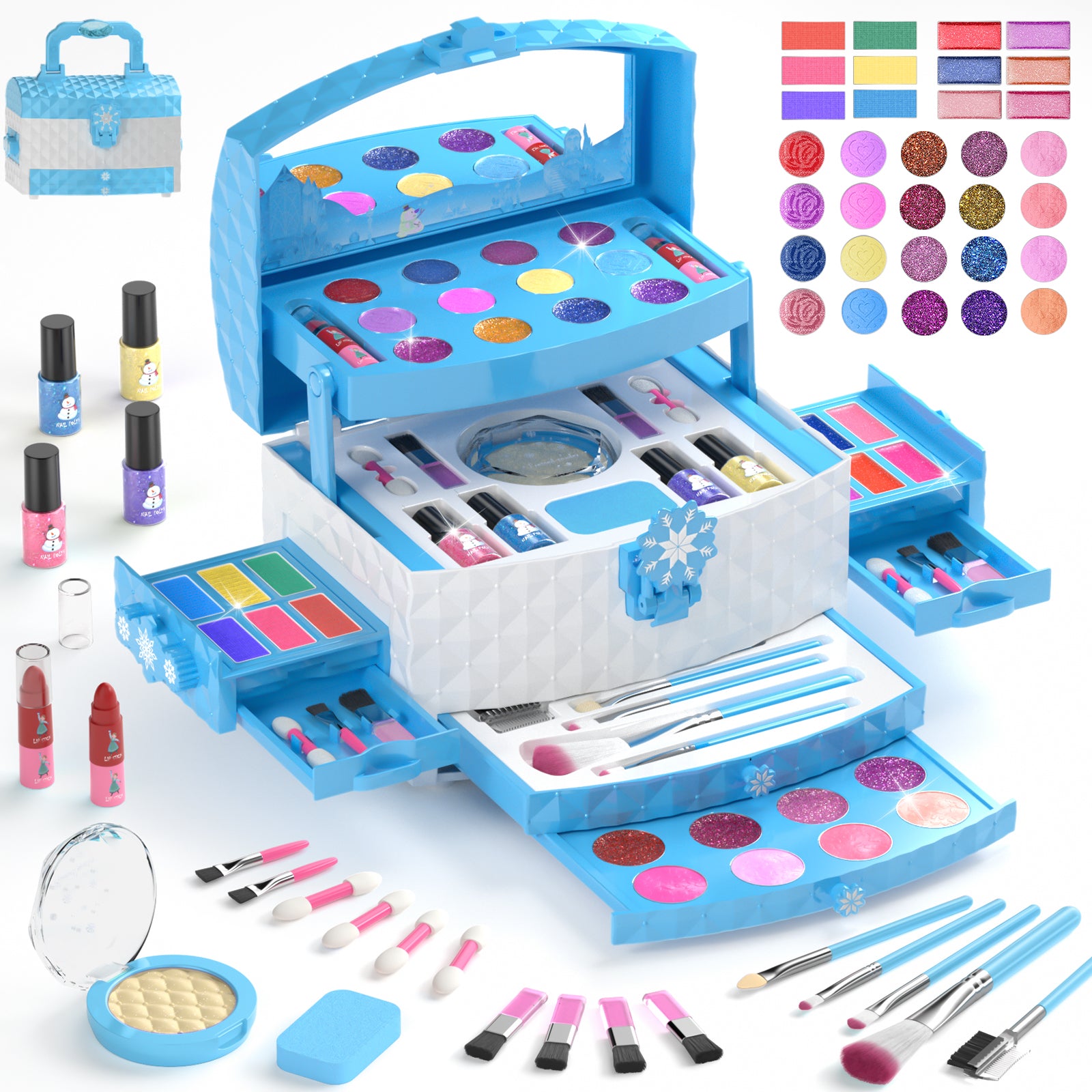 Frozen theme kids makeup set with 57 pieces including lipstick, eyeshadow, and brush