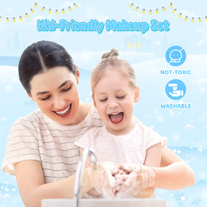 Frozen theme kids makeup set with 57 pieces including lipstick, eyeshadow, and brush