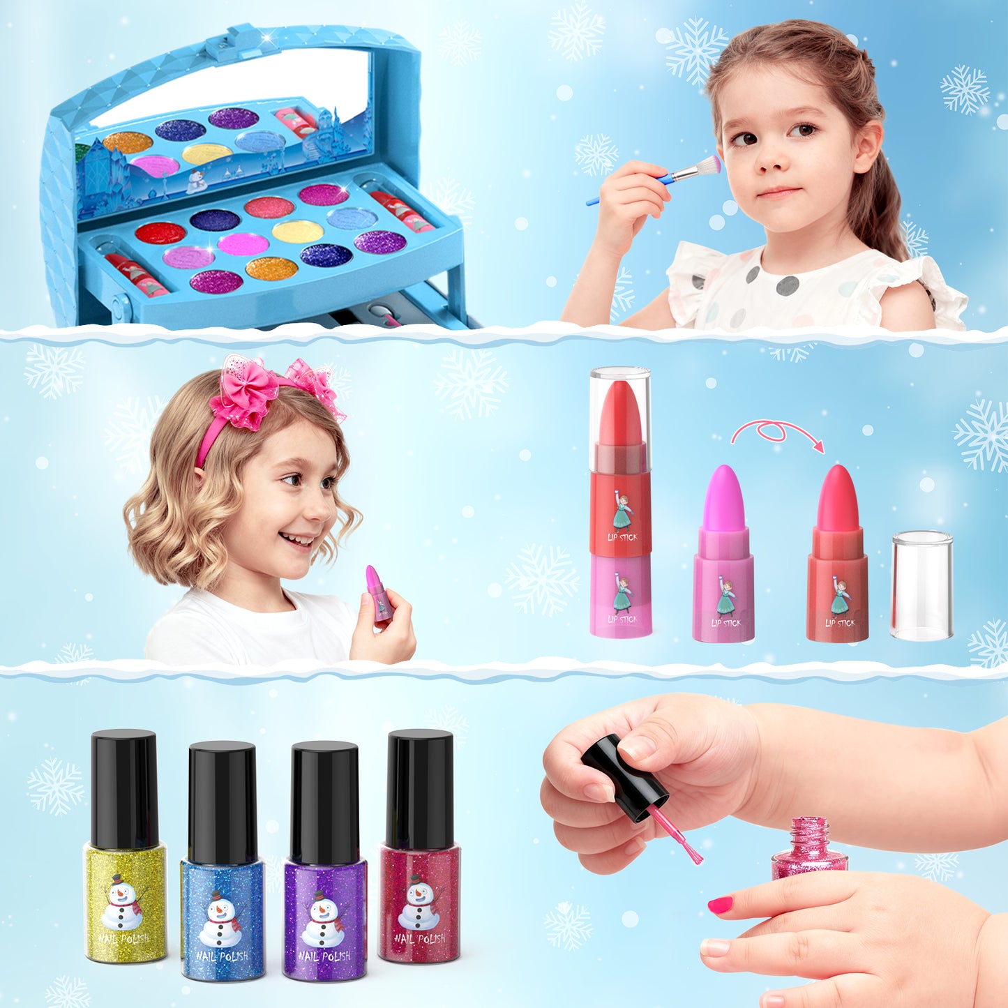 Frozen theme kids makeup set with 57 pieces including lipstick, eyeshadow, and brush
