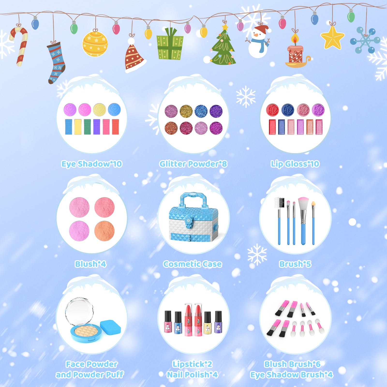 Frozen theme kids makeup set with 57 pieces including lipstick, eyeshadow, and brush