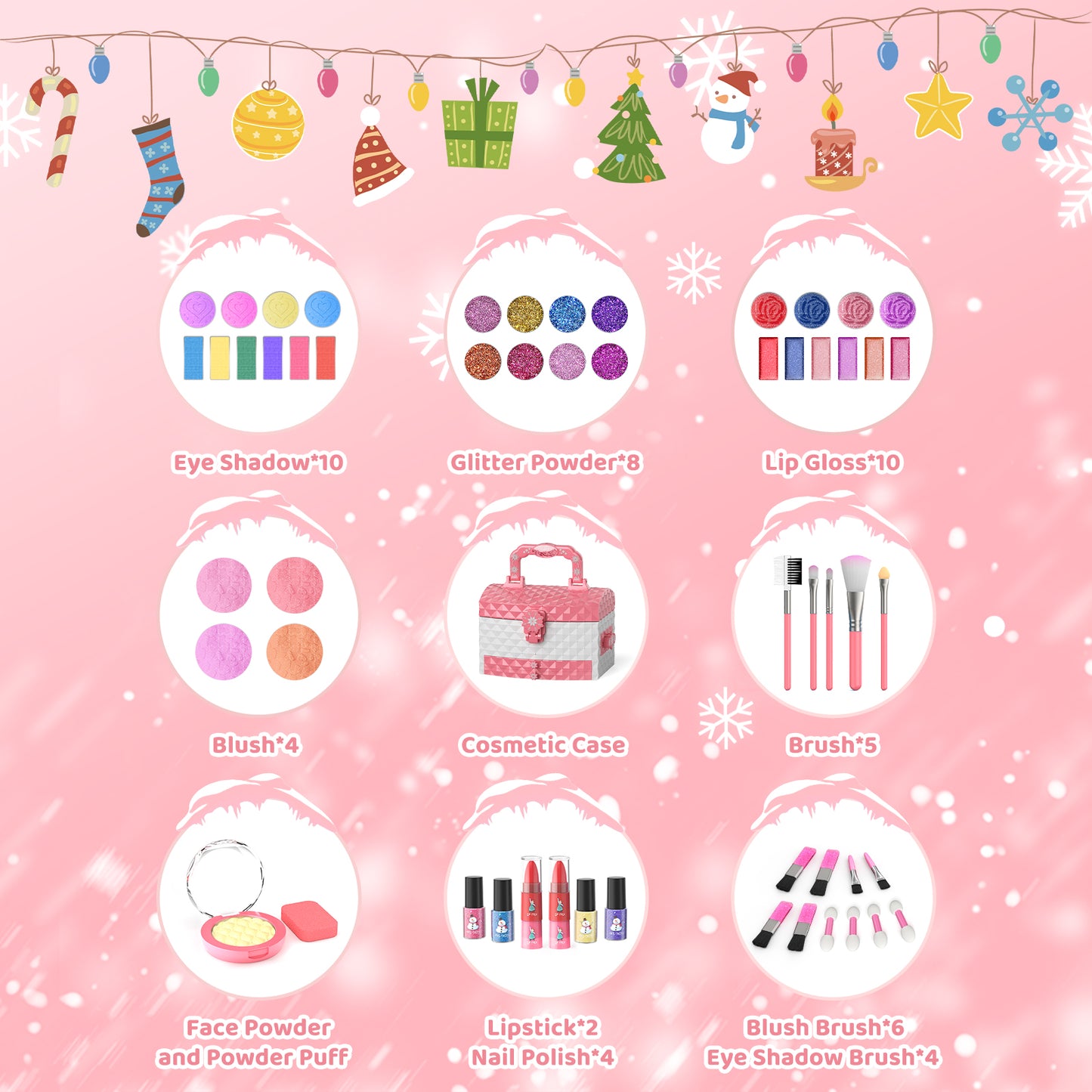 Frozen theme kids makeup set with 57 pieces including lipstick, eyeshadow, and brush